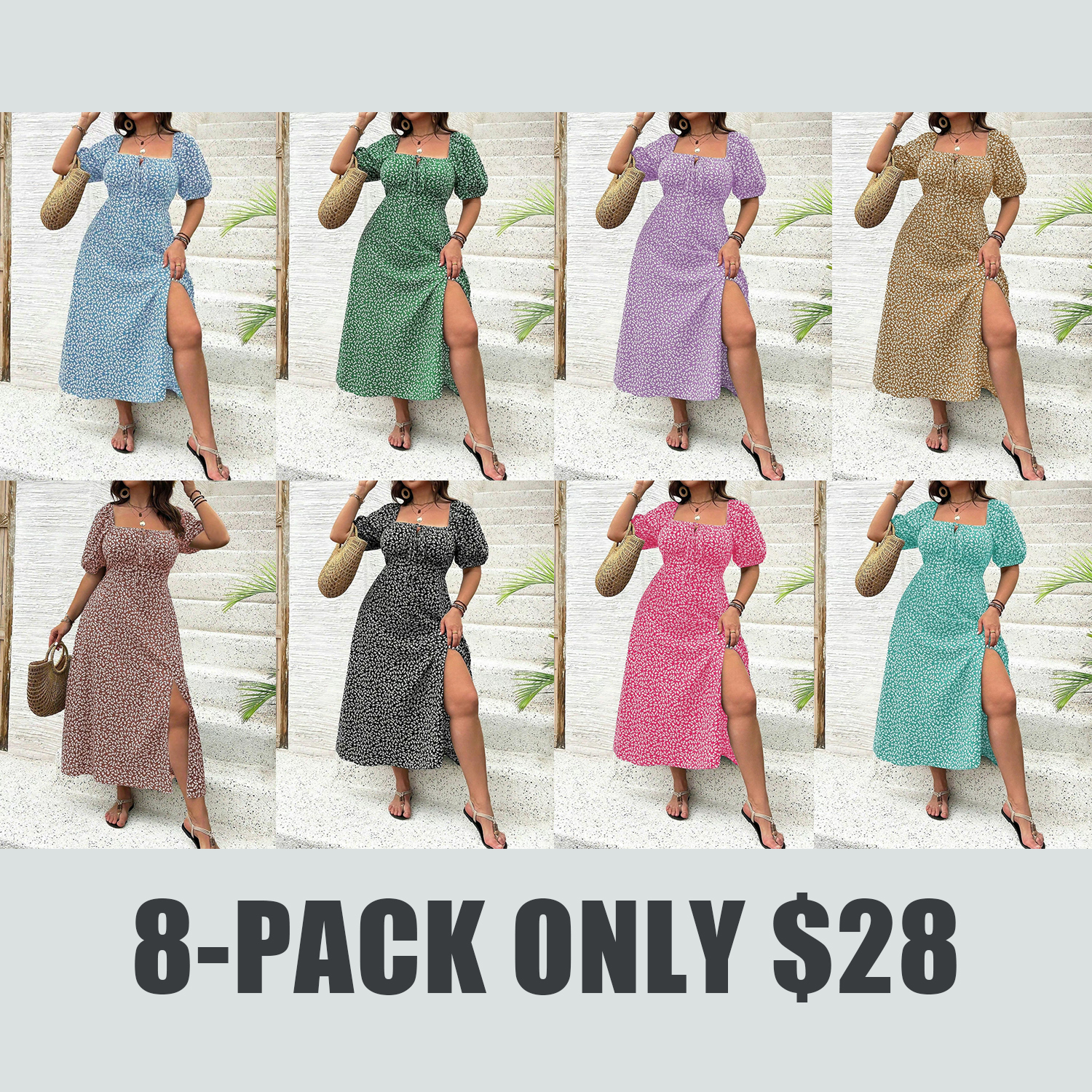 [Plus Size]4 Styles Summer Dresses – Floral Split Thigh, Puff Sleeve Tie Front, Wrap V Neck Belted, Square Neck Maxi