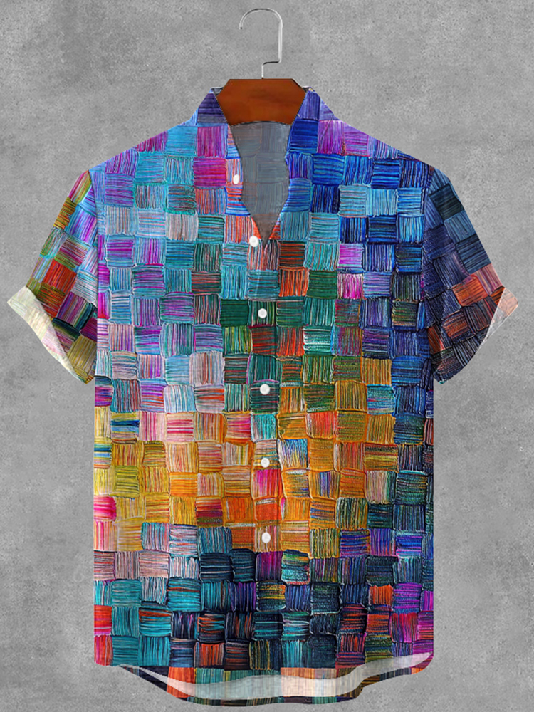 Men's Retro Colored Oil Painting Plaid Art Print Cotton And Linen Shirt