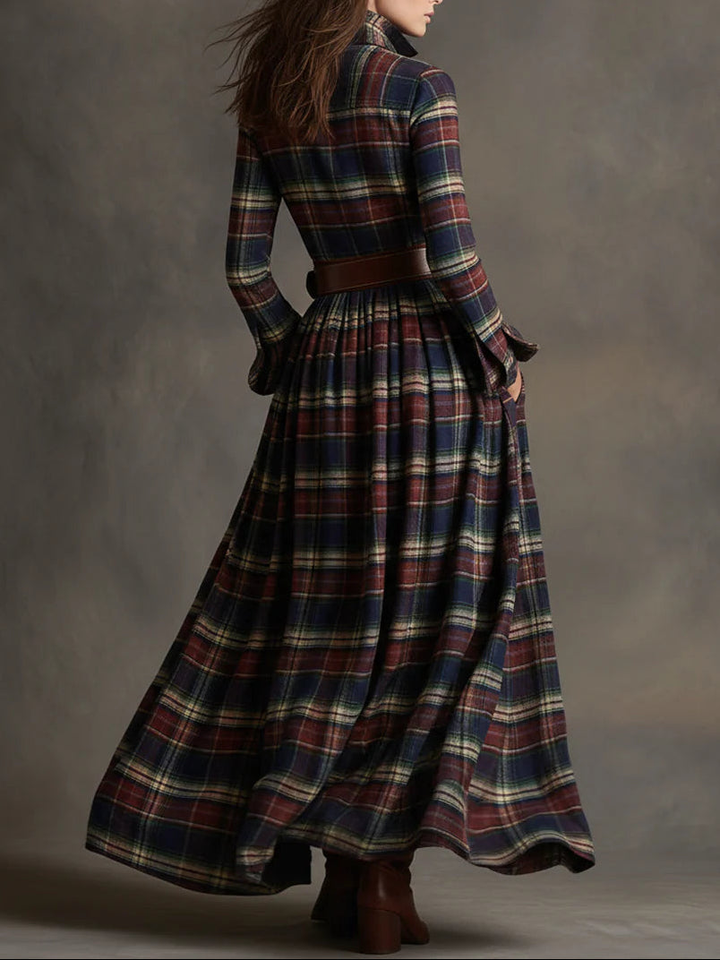 Retro plaid lapel long-sleeved maxi dress (including belt)