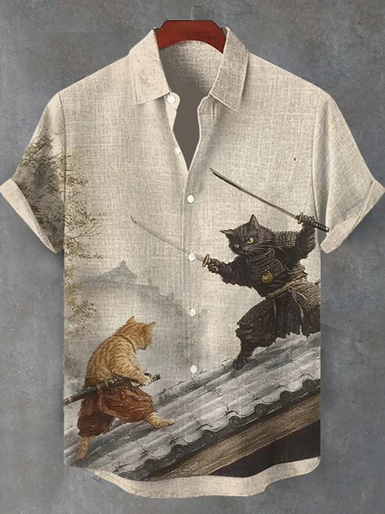 Men's Retro Cat Samurai Japanese Art Casual Short Sleeve Shirts