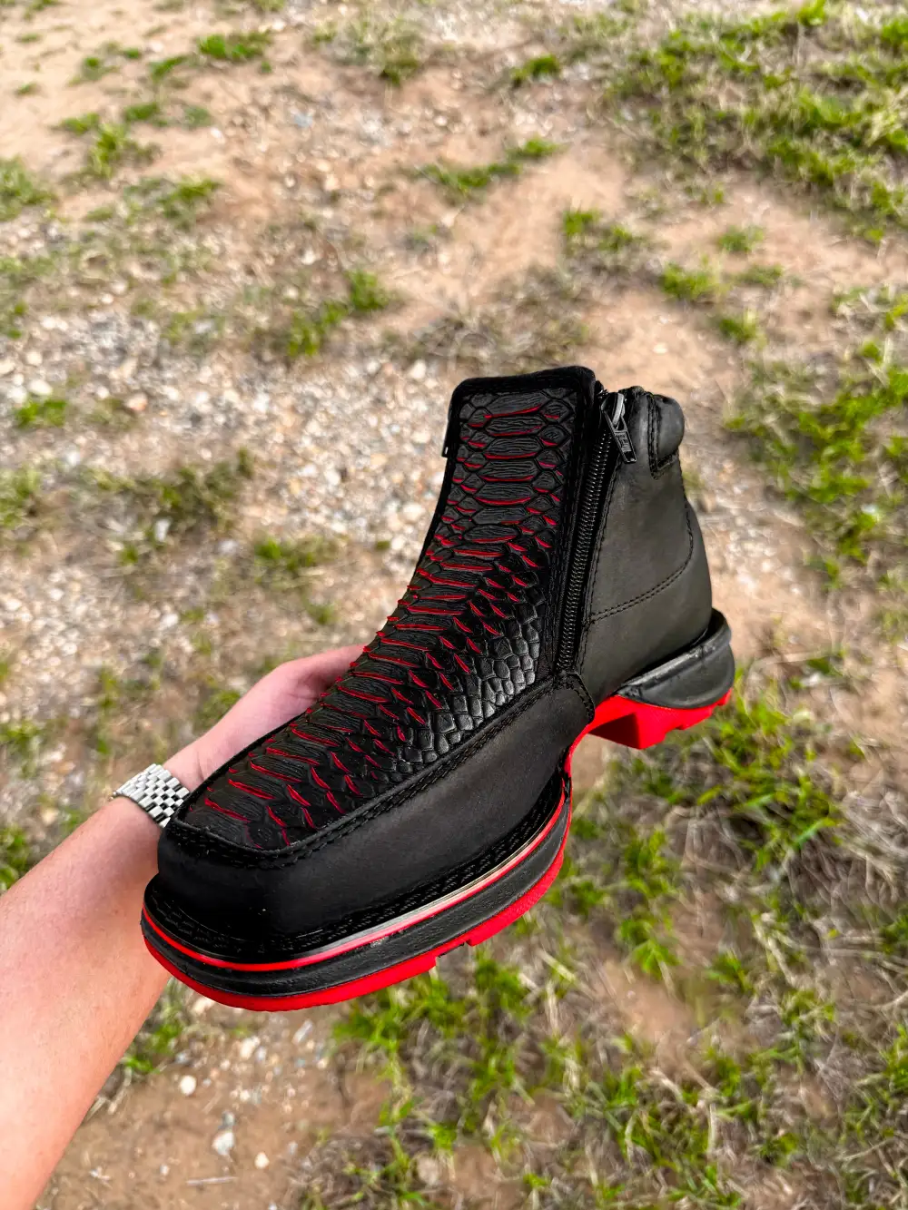 Black Cherry Python Leather Botin With 3D Lightweight Soles - Square Toe