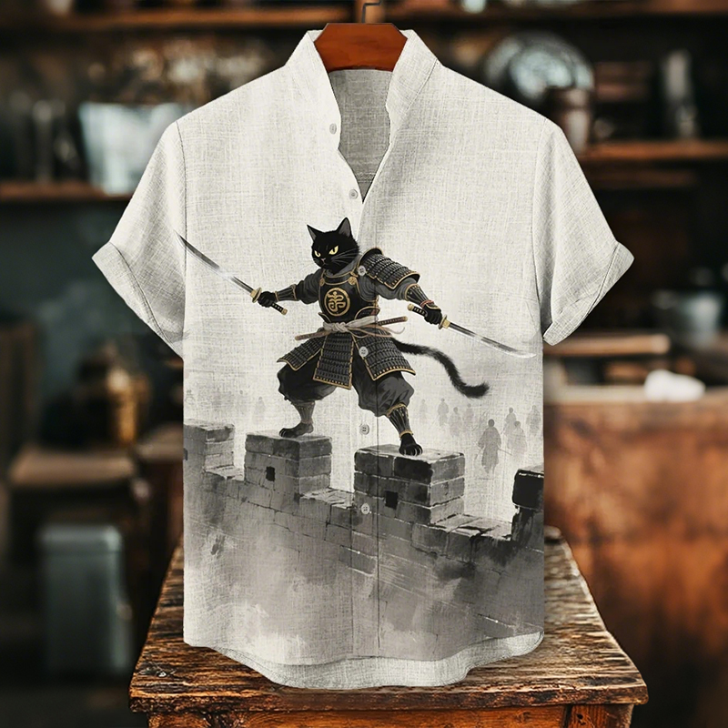Men's Black Cat Samurai Swordsman Print Short Sleeve Shirt