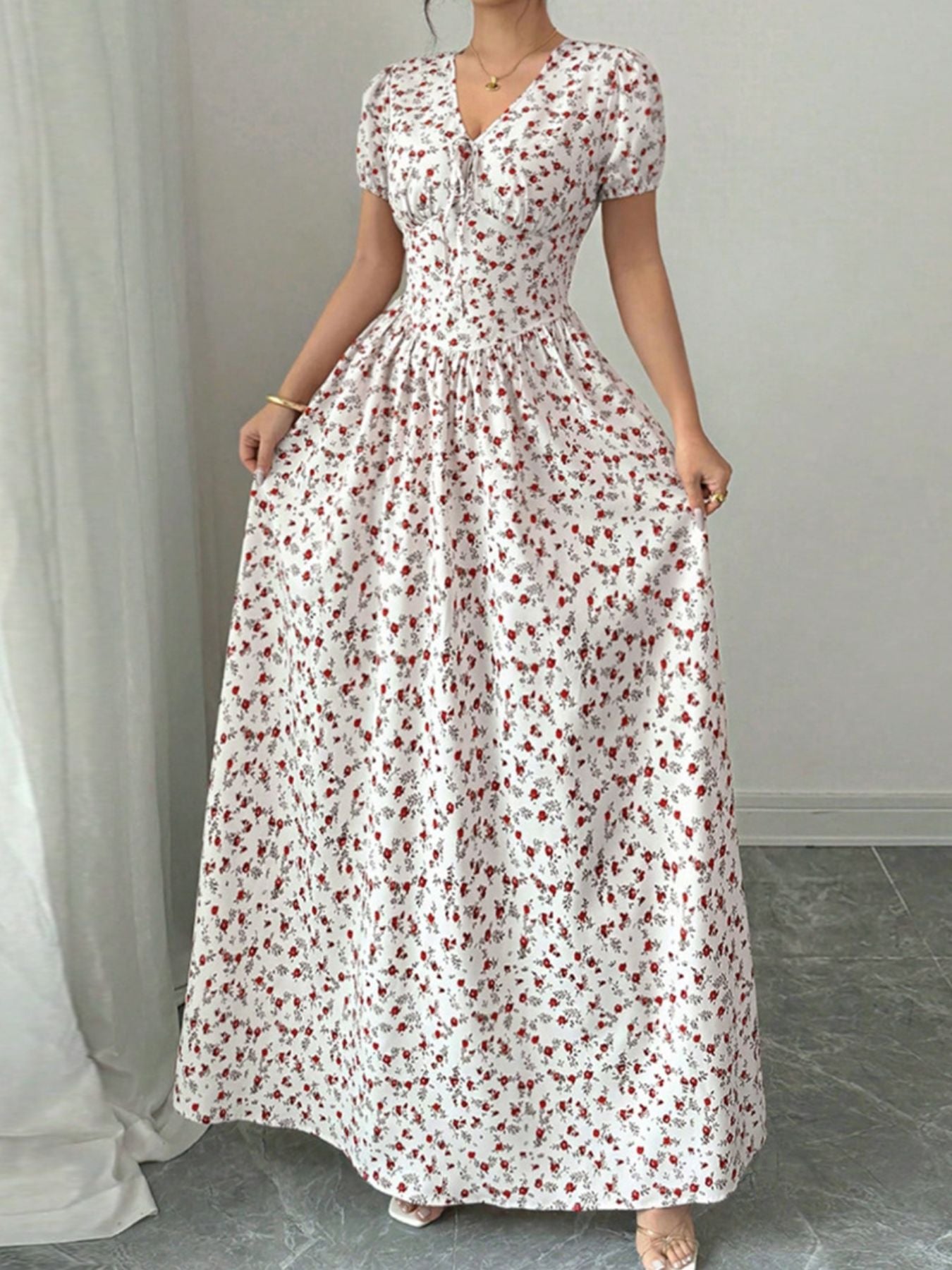 Floral Print V-Neck Maxi Dress