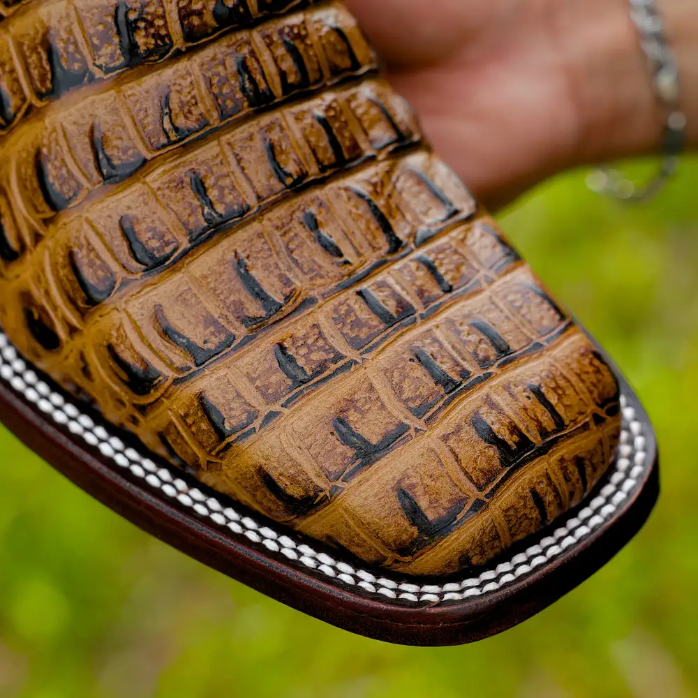 Honey Caiman Hornback Leather Boots - Square Toe