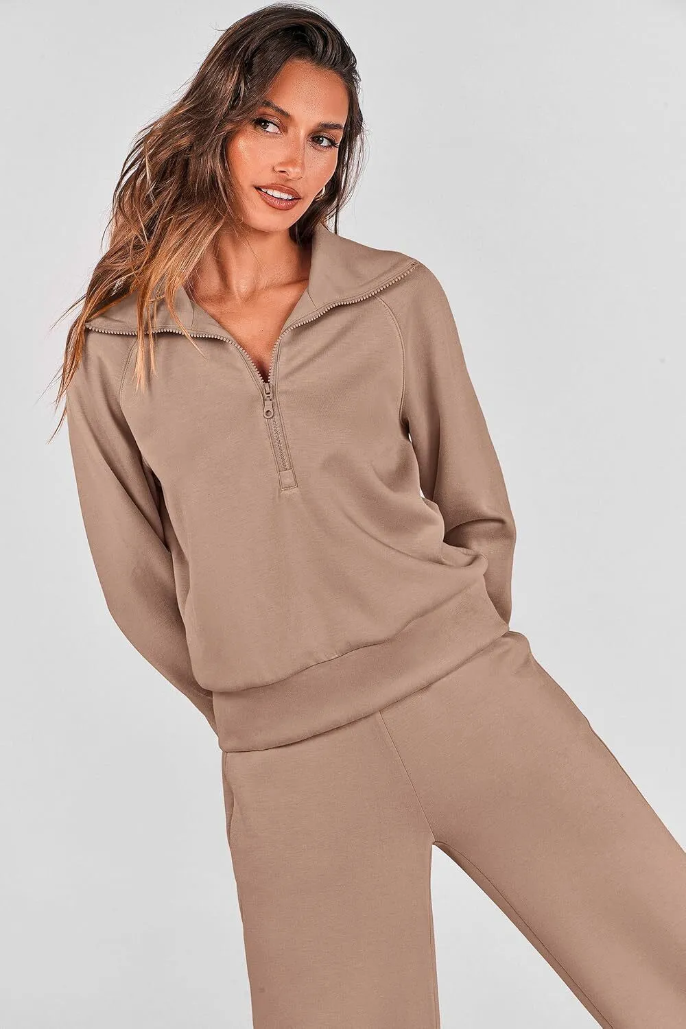 🔥Final Day Clearance!🛒Women's 2 Piece Outfits Casual Lapel Half Zip Sweatshirts And Wide Leg Pants Tracksuit Sets