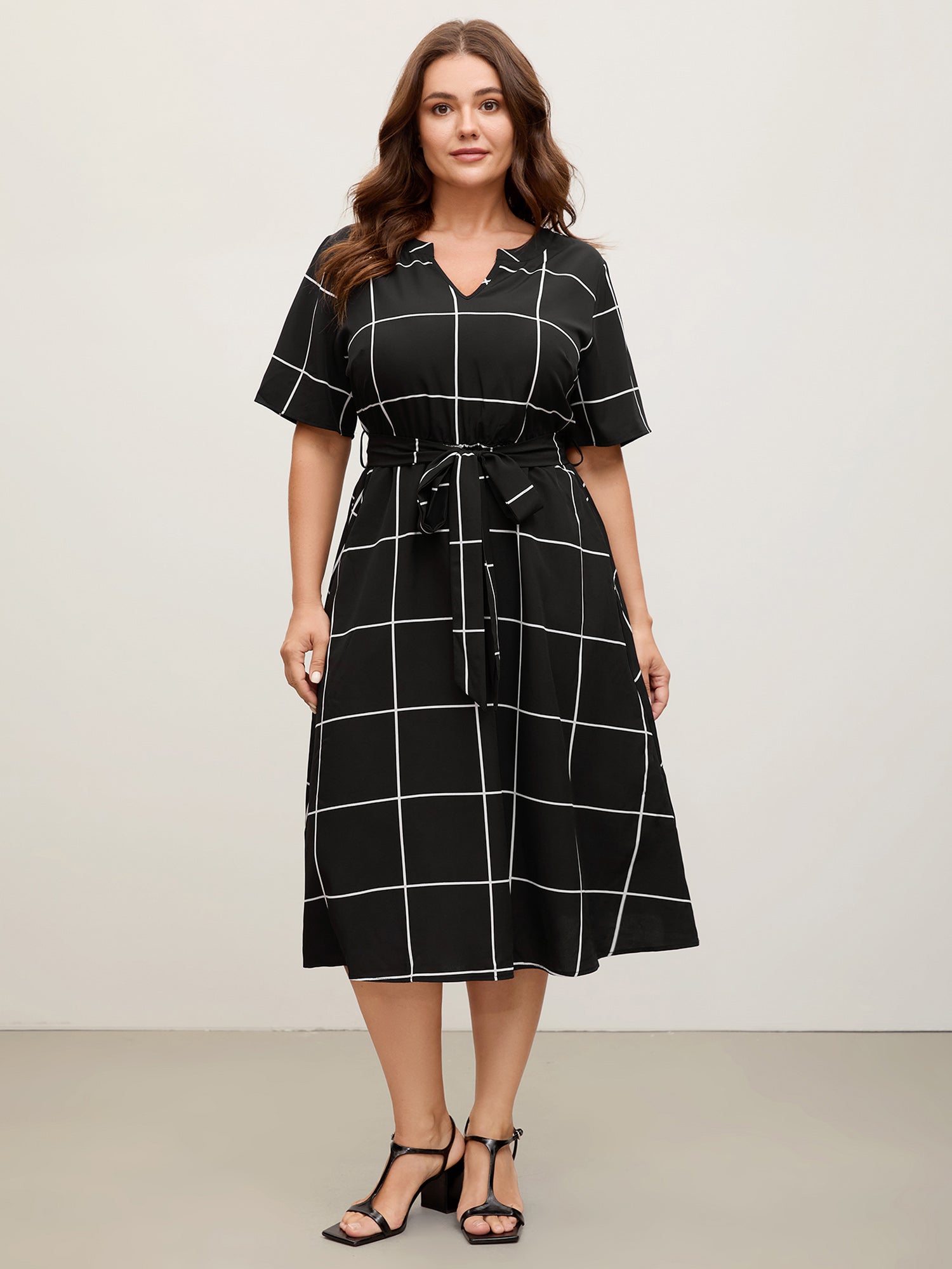 Checkered Print Belted Pockets Midi Dress