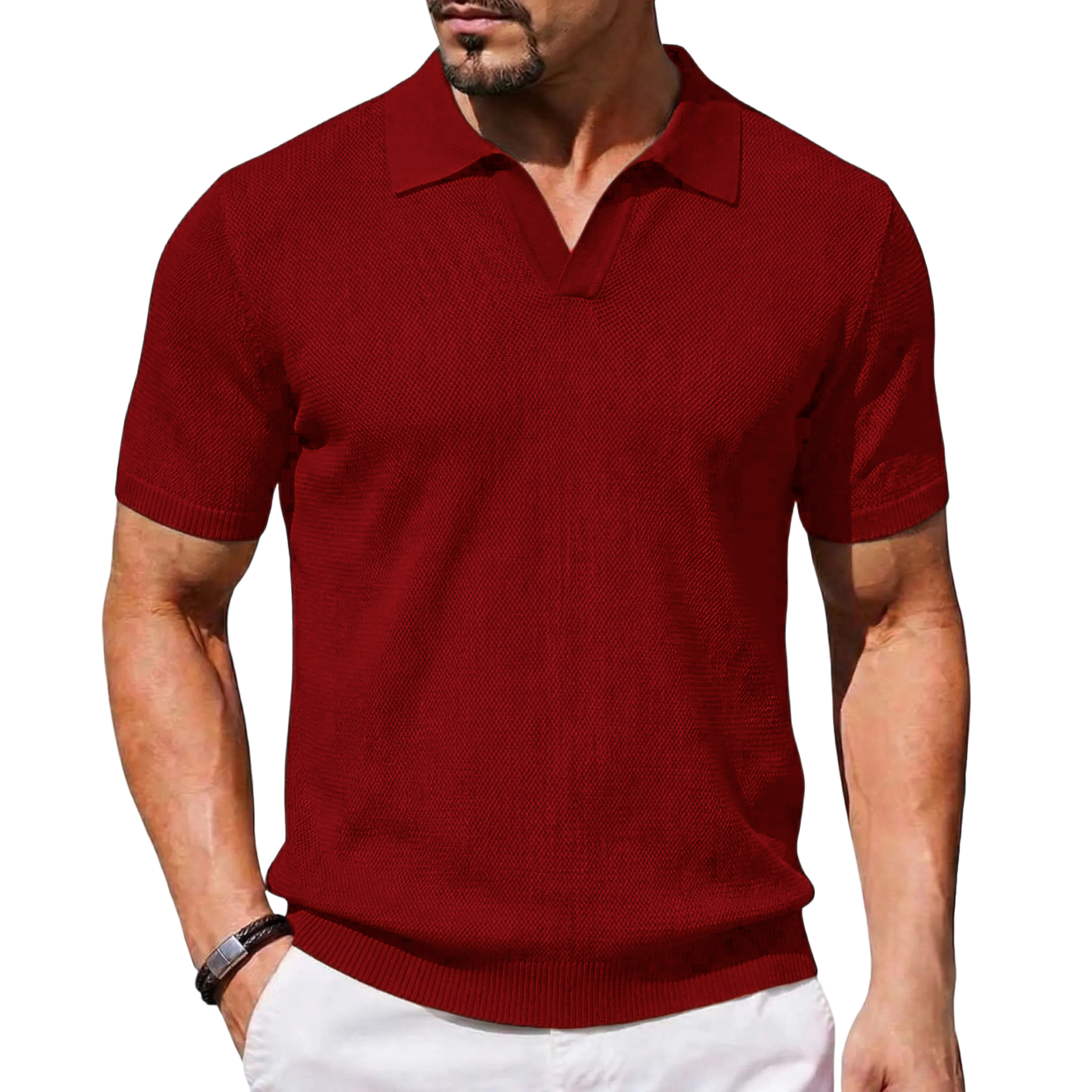 2026 Men's V Neck Short Sleeve Stretch Knit Polo Shirt
