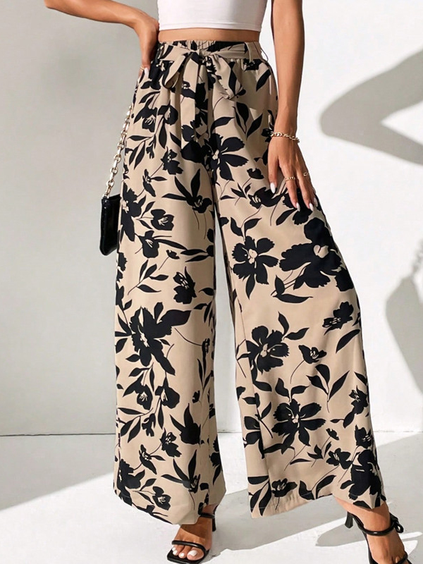 Elasticity Flower Print Tied Waist High Waisted Loose Trousers Pants