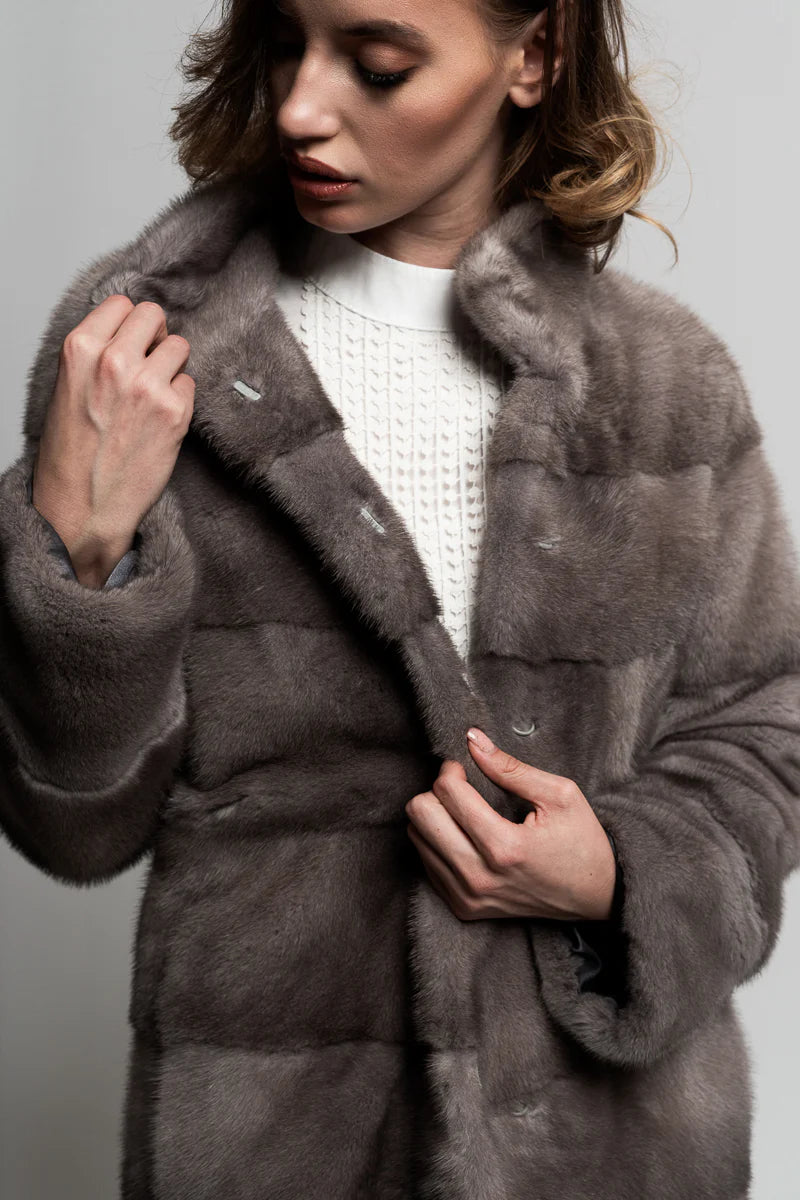 Haină din Blană Naturală de Vizon, Femei, Silver Blue 224