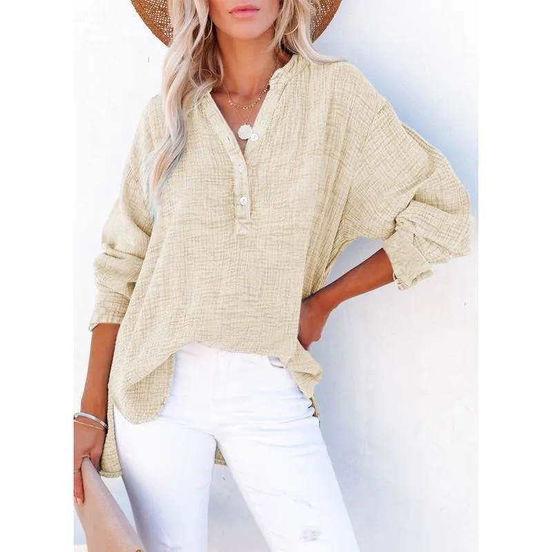Women's Casual Button V Neck Long Sleeve Shirts Oversized Solid Blouses Tops