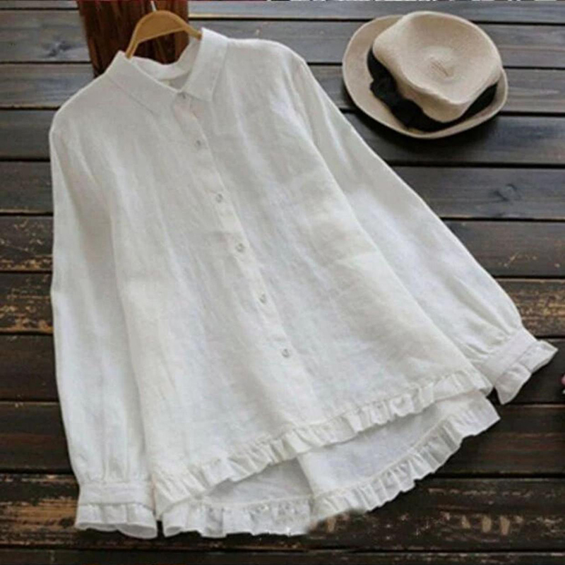 Vintage Plain Shirt Collar Button Down Long Sleeve Blouse b996