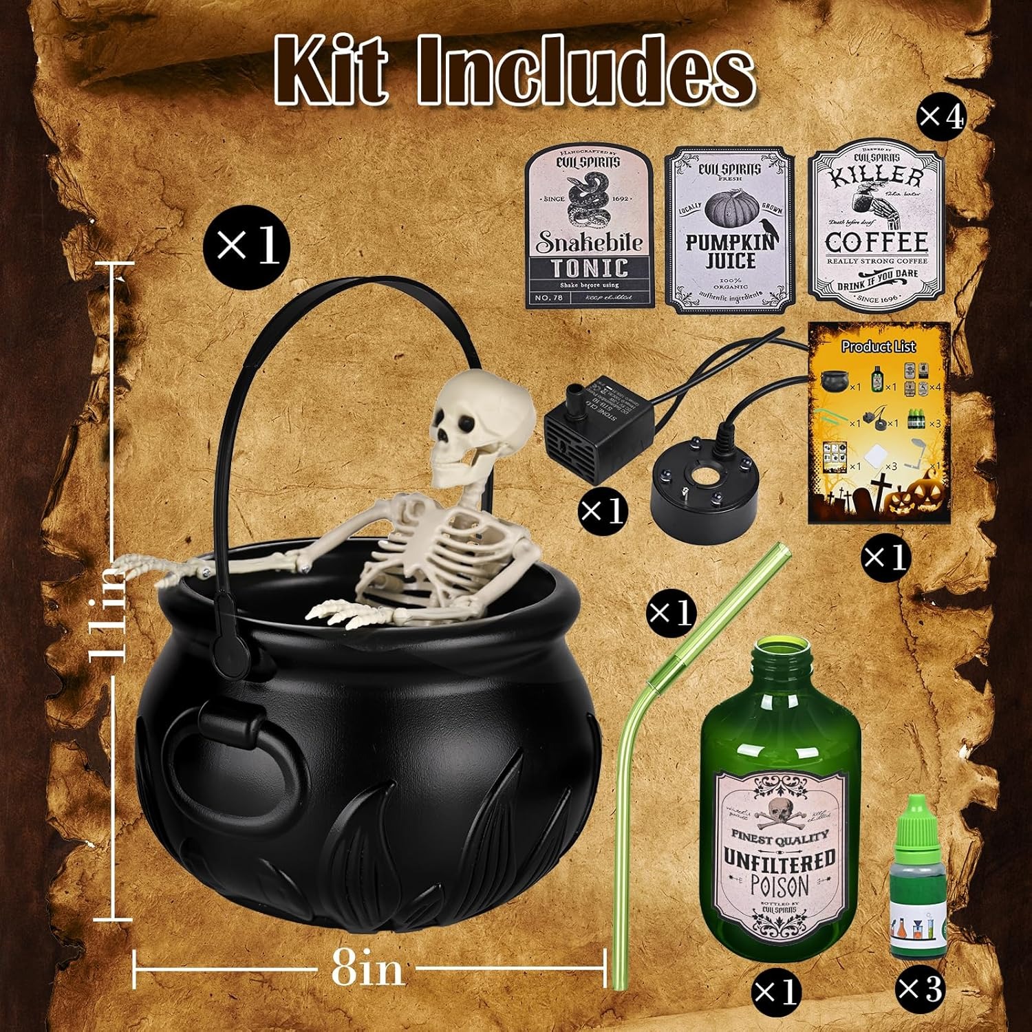 Cauldron Halloween Decor with Magic Floating Potion Bottles and Diffuser