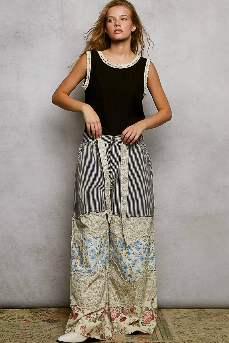 POL Ribbed Round Neck Tank with Lace Trim