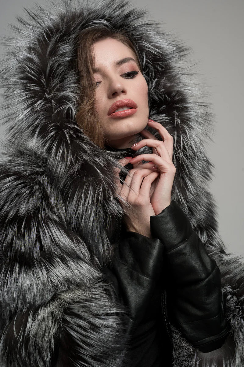Haină din Blană Naturală de Vulpe, cu Glugă, Femei, Grey Frost 253