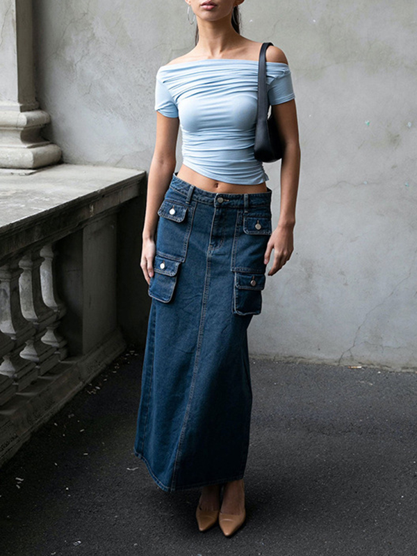 Pleated Solid Color Split-Joint Short Sleeves Skinny Boat Neck T-shirts