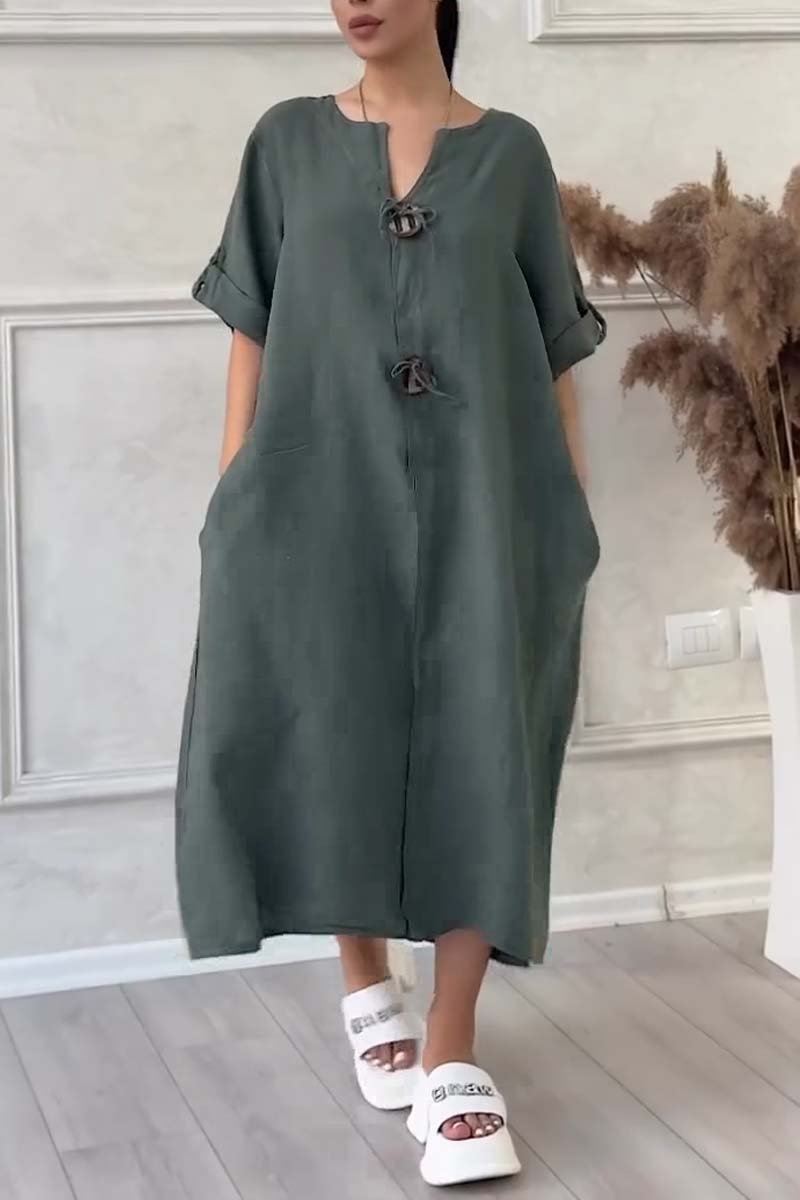 Button embellished cotton and linen dress