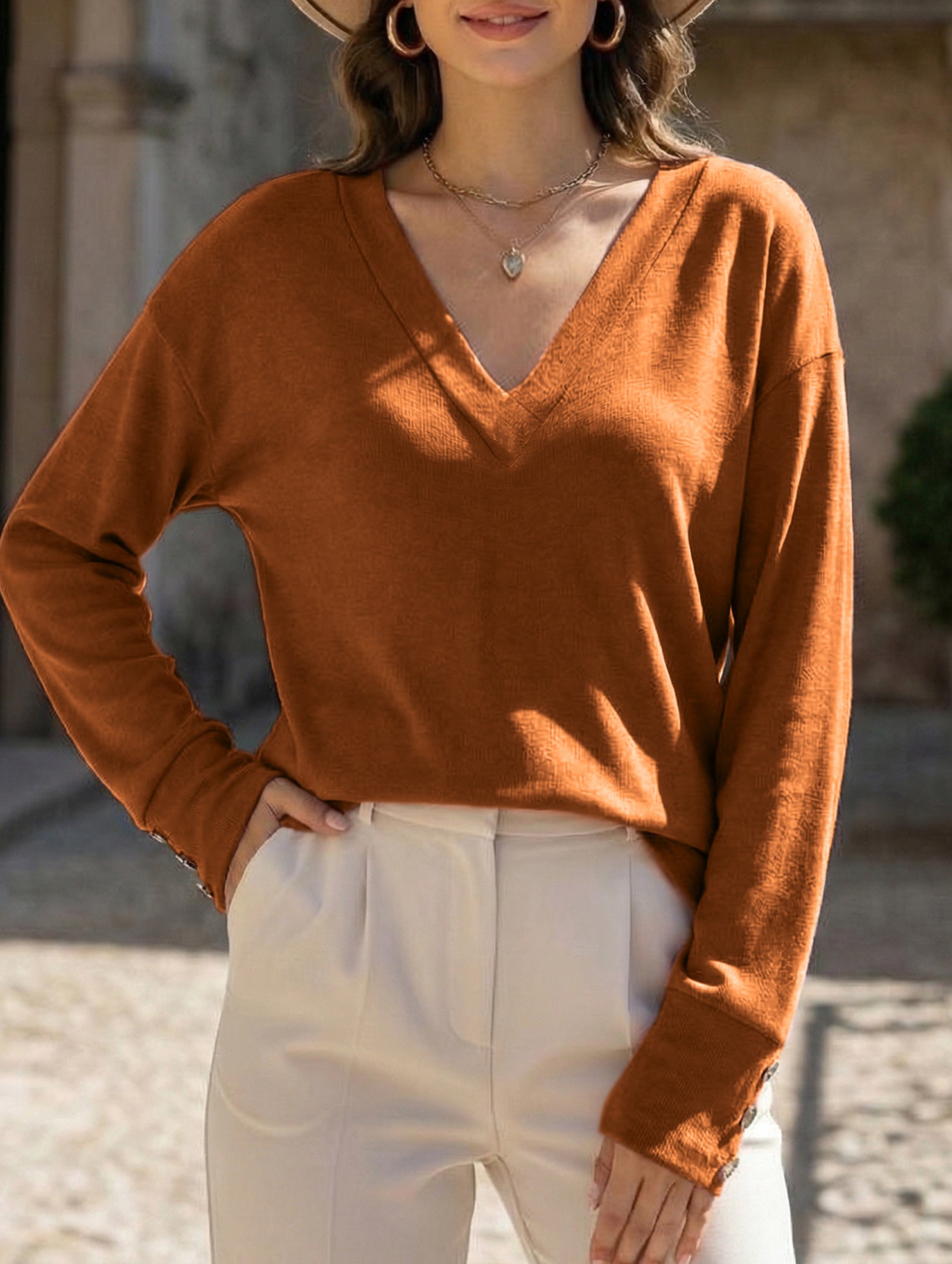 Solid V Neck Button Loose Long Sleeve Tee_CWTTL01231