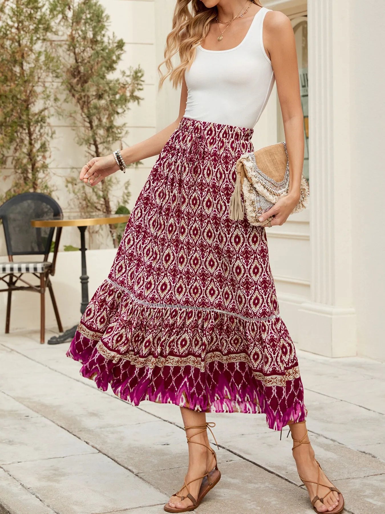 Bohemian Printed Ruched Maxi Skirt
