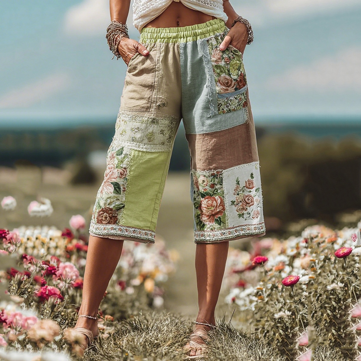 Women's Patchwork Rose Floral Contrast Waist Elastic Pocket Shorts