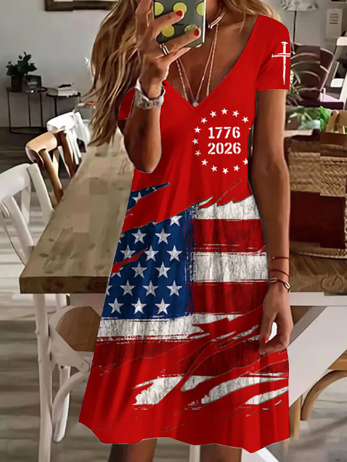 Women'S Daily Casual V-Neck American Flag Independence Day Celebration Printed Dress