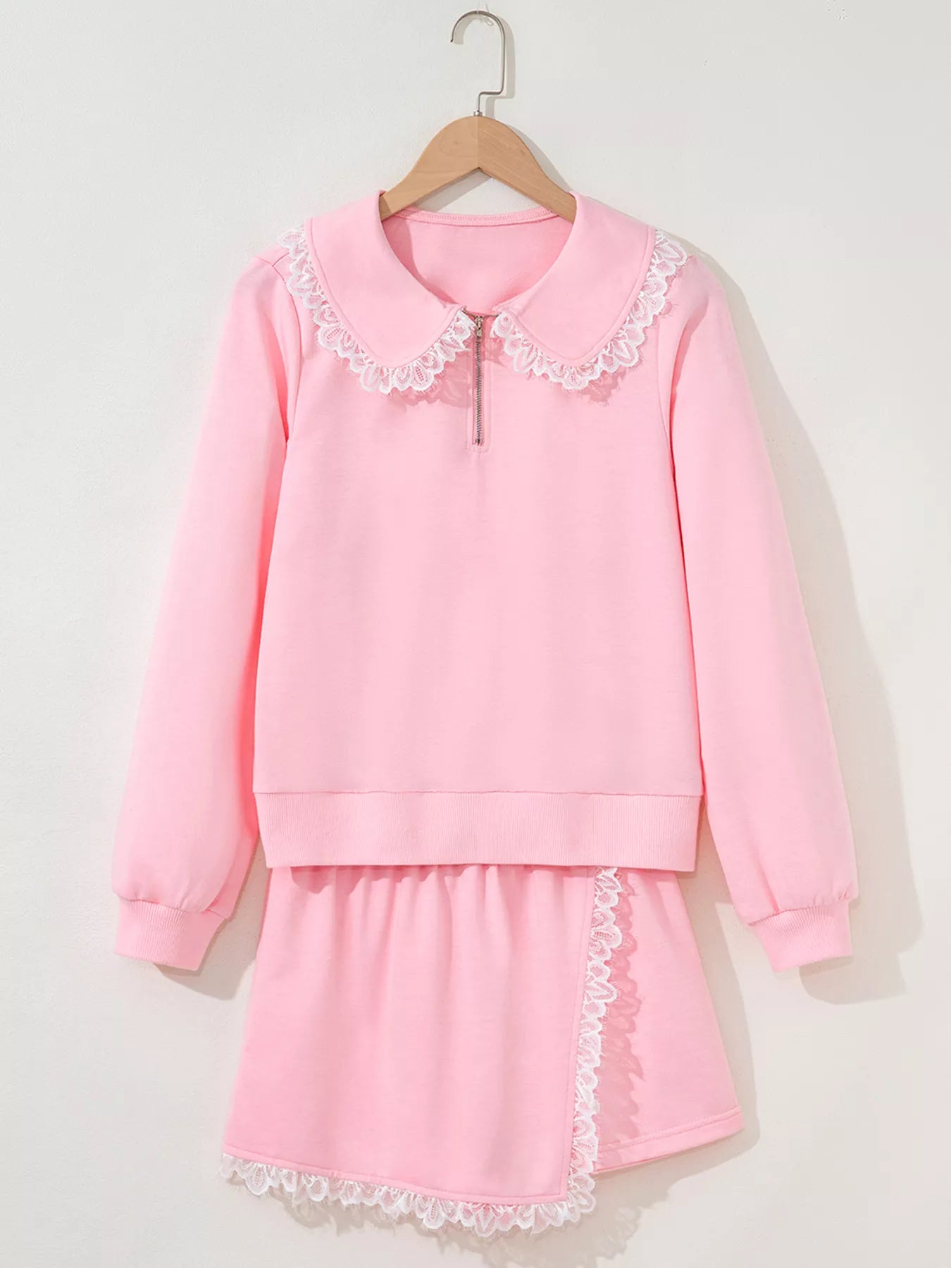 Peter Pan Lace Embellished Neck Sweatshirt and Skirt Two Piece Set