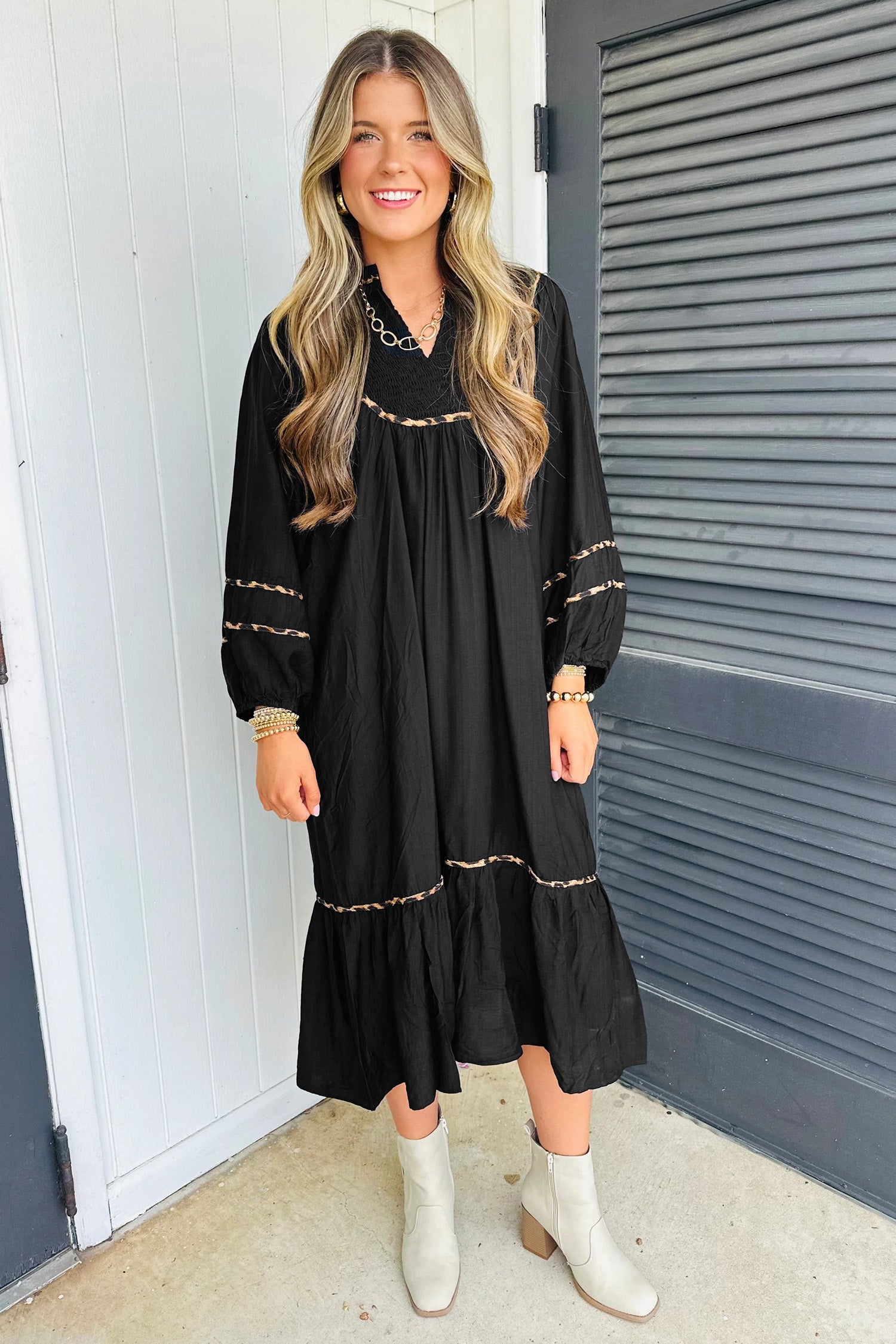 Black Contrast Leopard Trim Split Neck Long Sleeve Casual Midi Dress