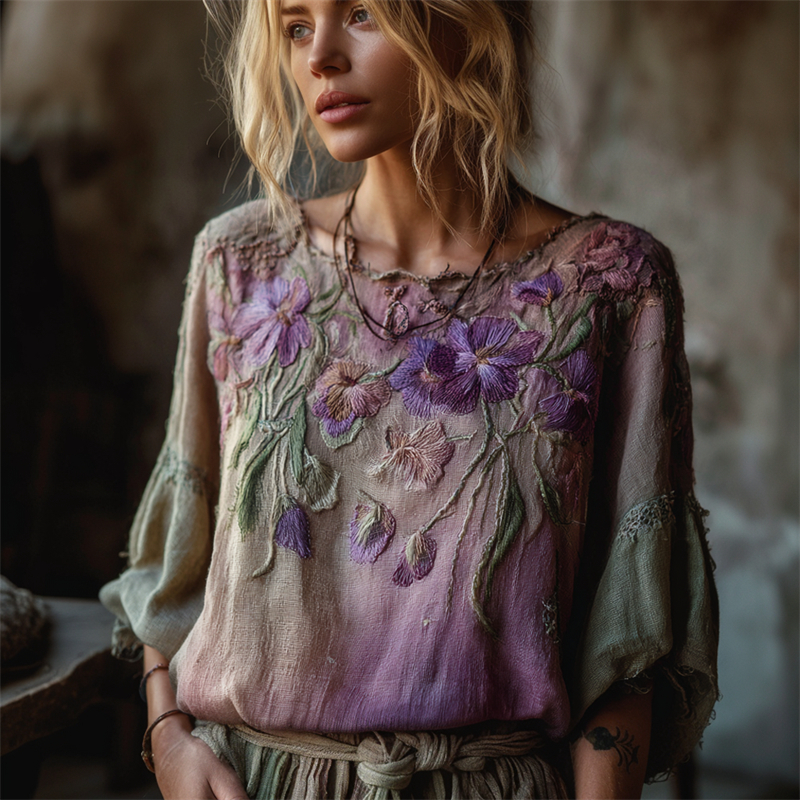 Vintage Pansy Floral Forest Gradient Flowy Linen Tunic