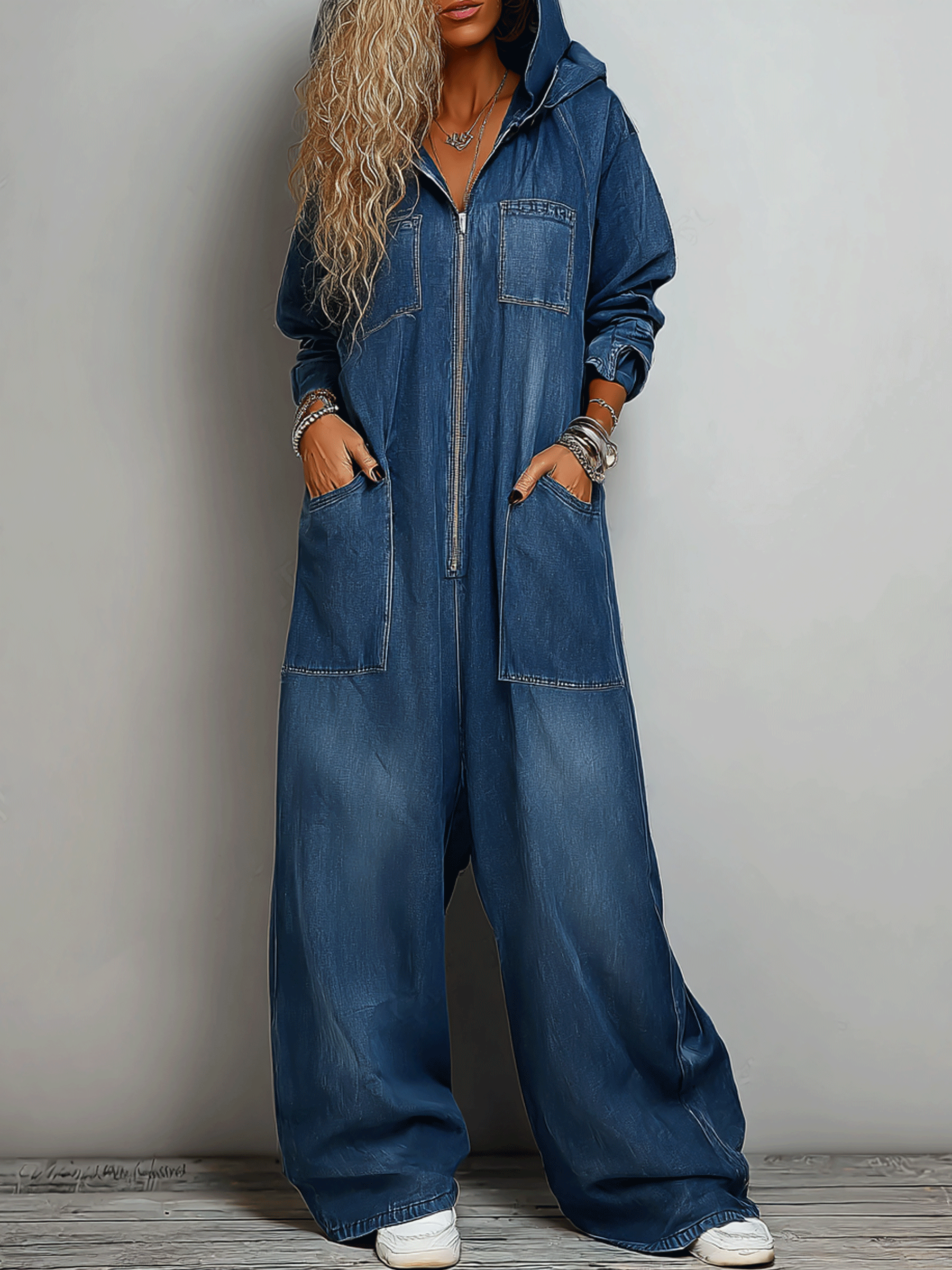 Women’s Hooded One Piece Denim Jumpsuit