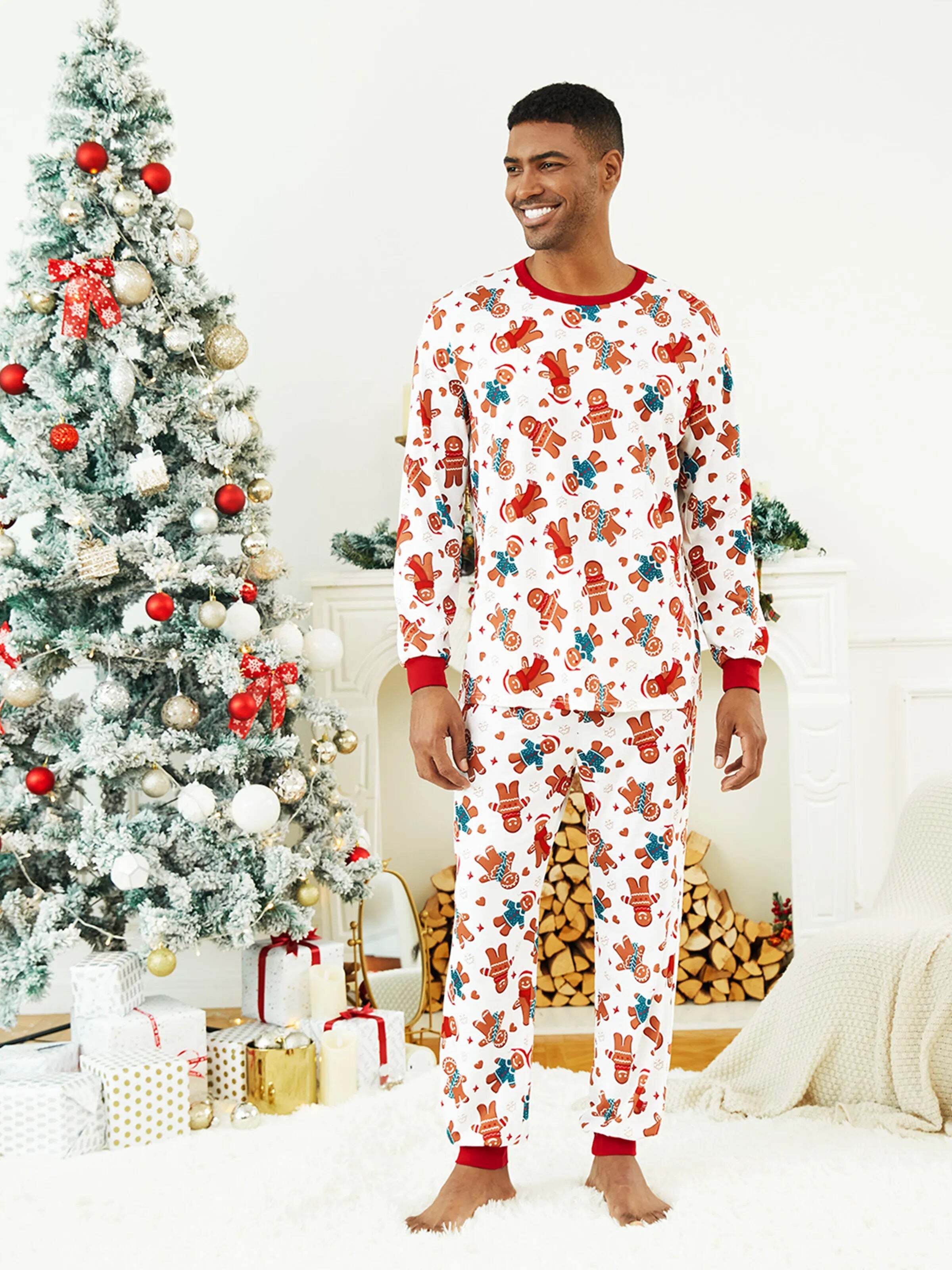 Christmas Family Matching Cartoon Gingerbread Man Allover Print Pajamas Sets with Christmas Socks White
