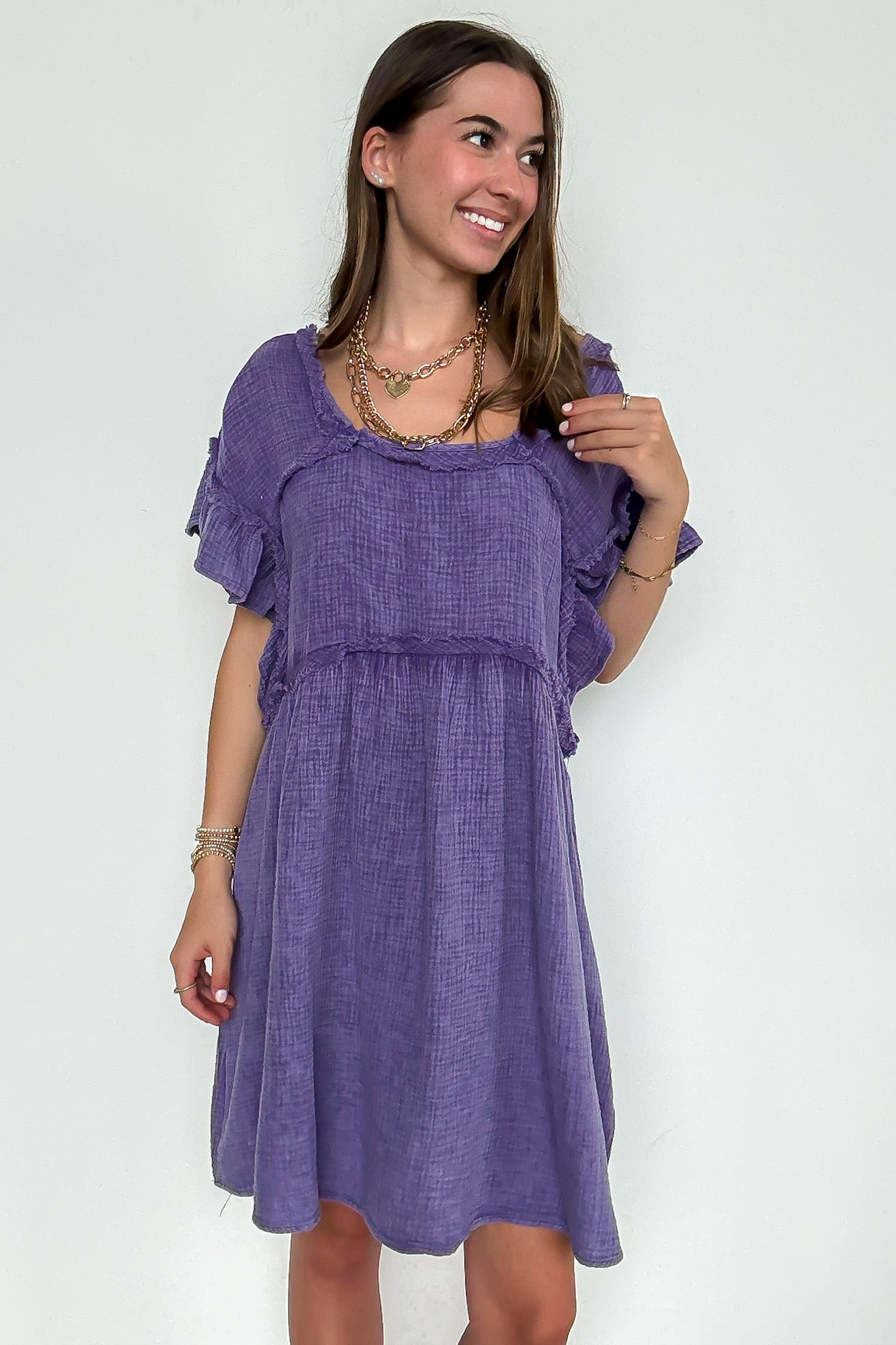 Mineral Washed Square-Neck Ruffle Sleeve Dress