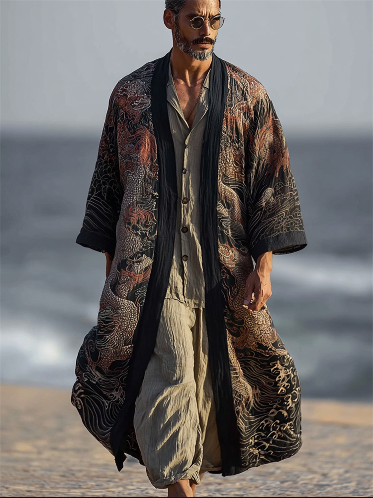 Men's Japanese Dragons Sea Waves Linen Long Kimono