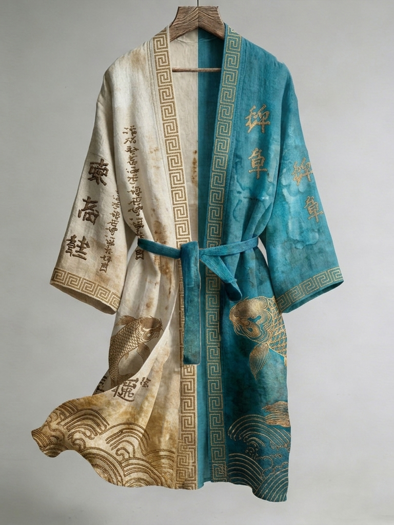 Japanese Calligraphy And Fish Art Combined With Linen Blend Kimono