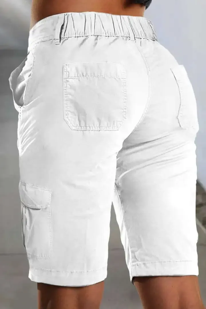 Solid Multi Pocket Mid Rise Bermuda Cargo Shorts