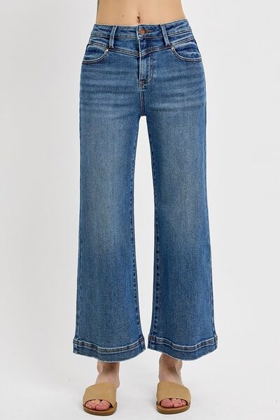 Full Size High Rise Crop Wide Leg Front Yoke Detail Jeans