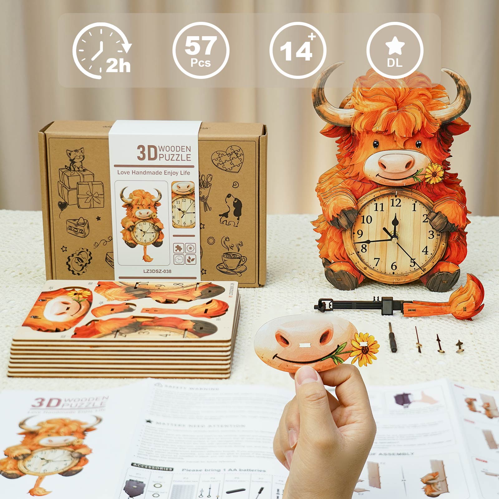 Highland Cattle â€“ DIY Wooden Clock, 3D Puzzle Craft Kit