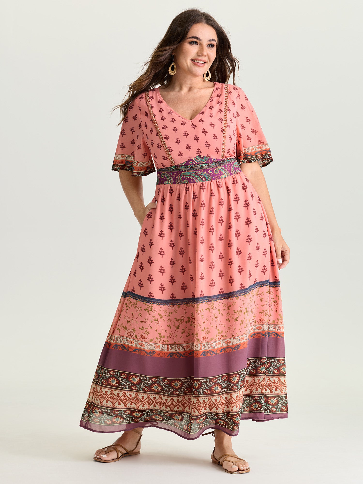 Colorful Floral Paisley Print V-Neck Maxi Dress