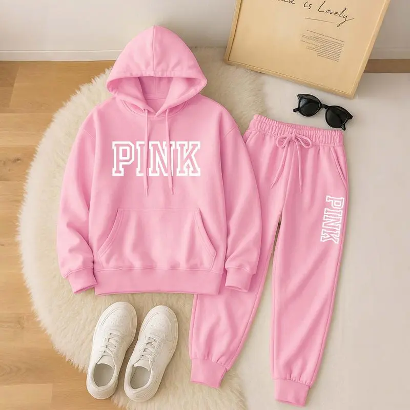 Women's Pink Print Hoodie And Drawstring Track Pants Set