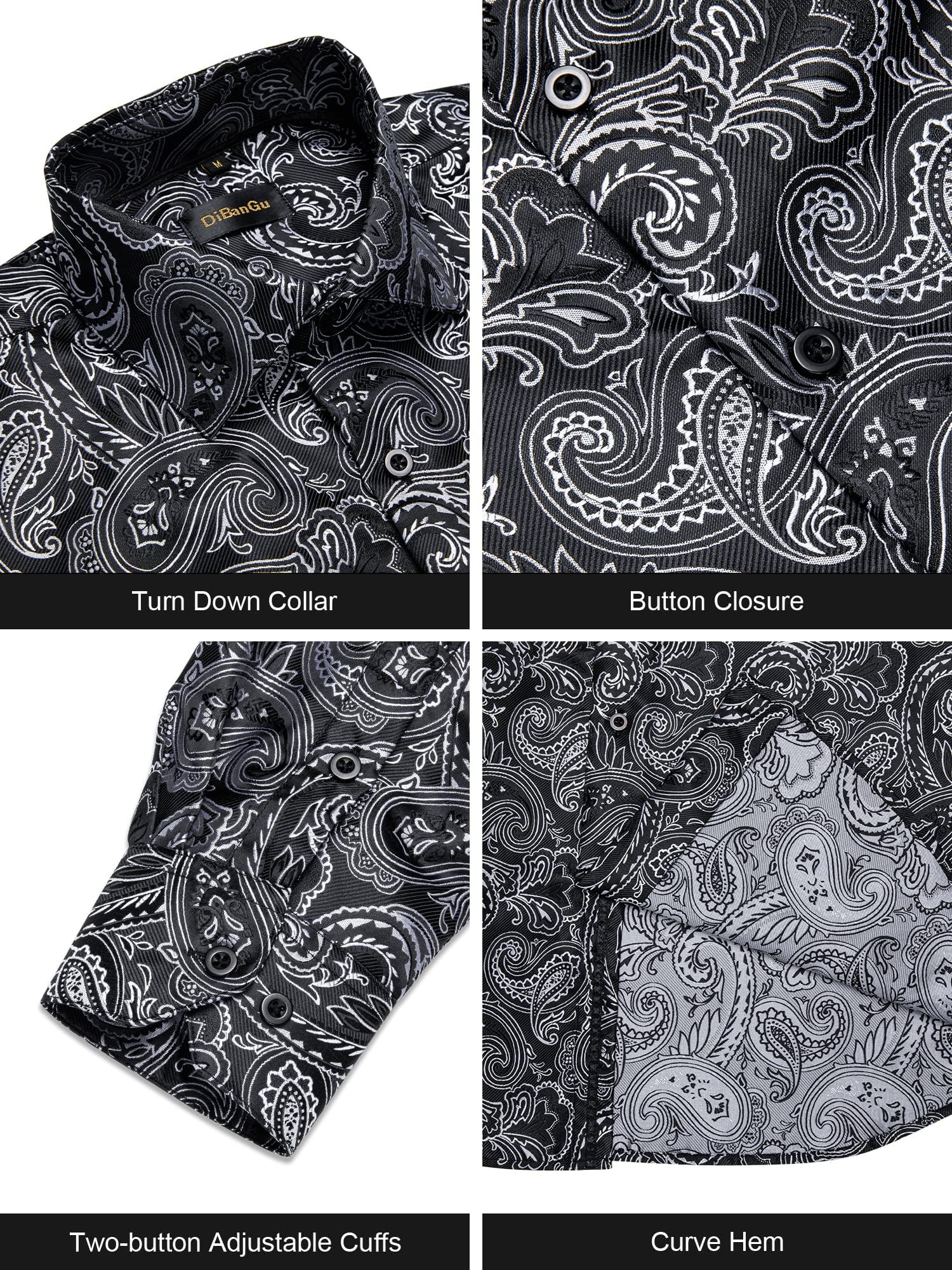 Men's Paisley Dress Shirt Long Sleeve Wrinkle Free Button Down Cowboy Shirts - Black&white&paisley