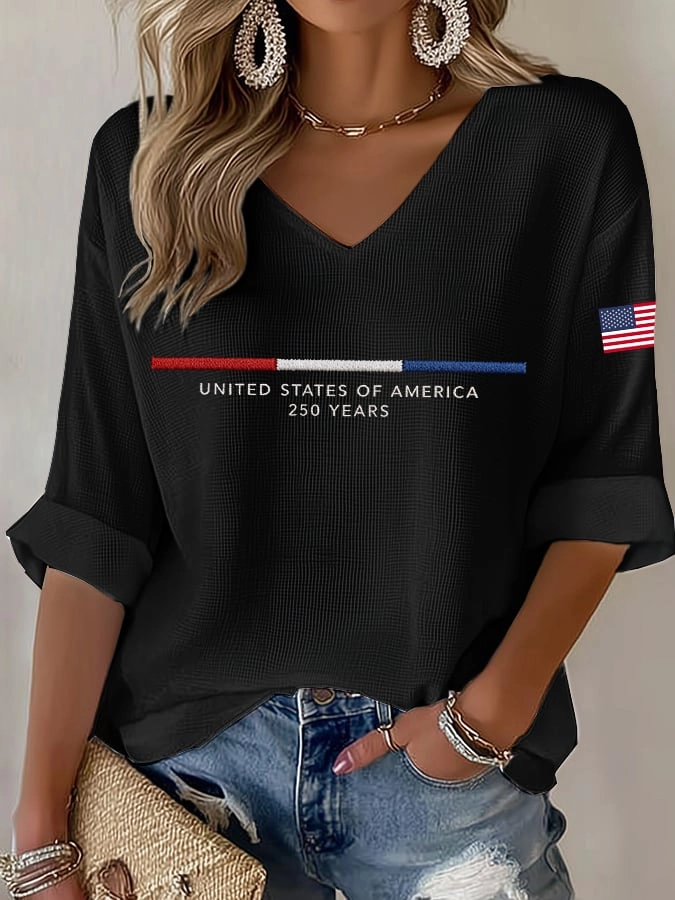 Women'S 250Th Anniversary Printed V-Neck Top For The Founding Of The United States