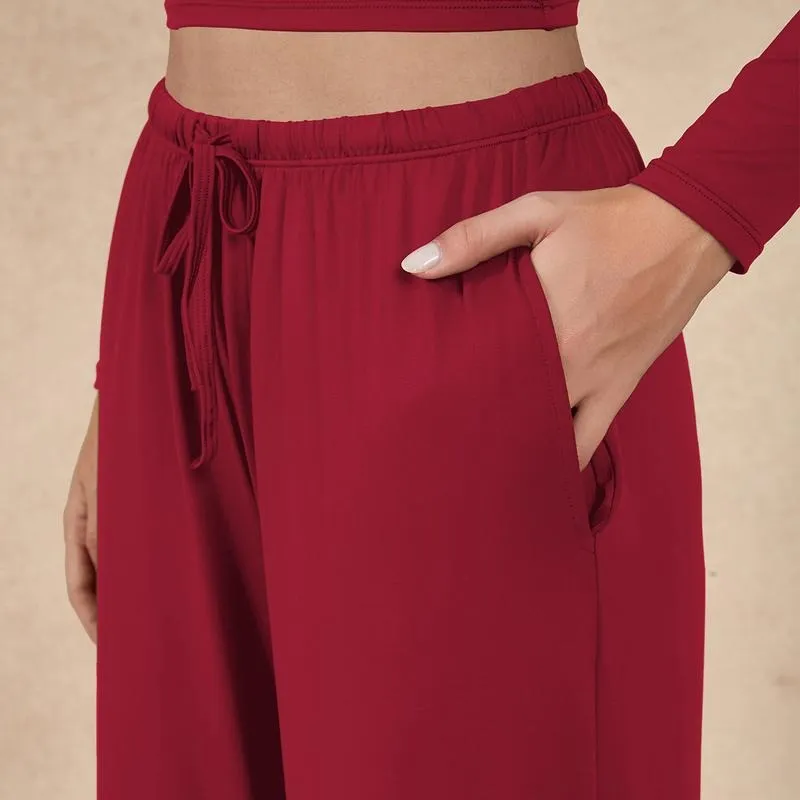 Women's 2-Piece Activewear Set Long-Sleeve Crop Top & Wide-Leg Pants Stretchy Fabric
