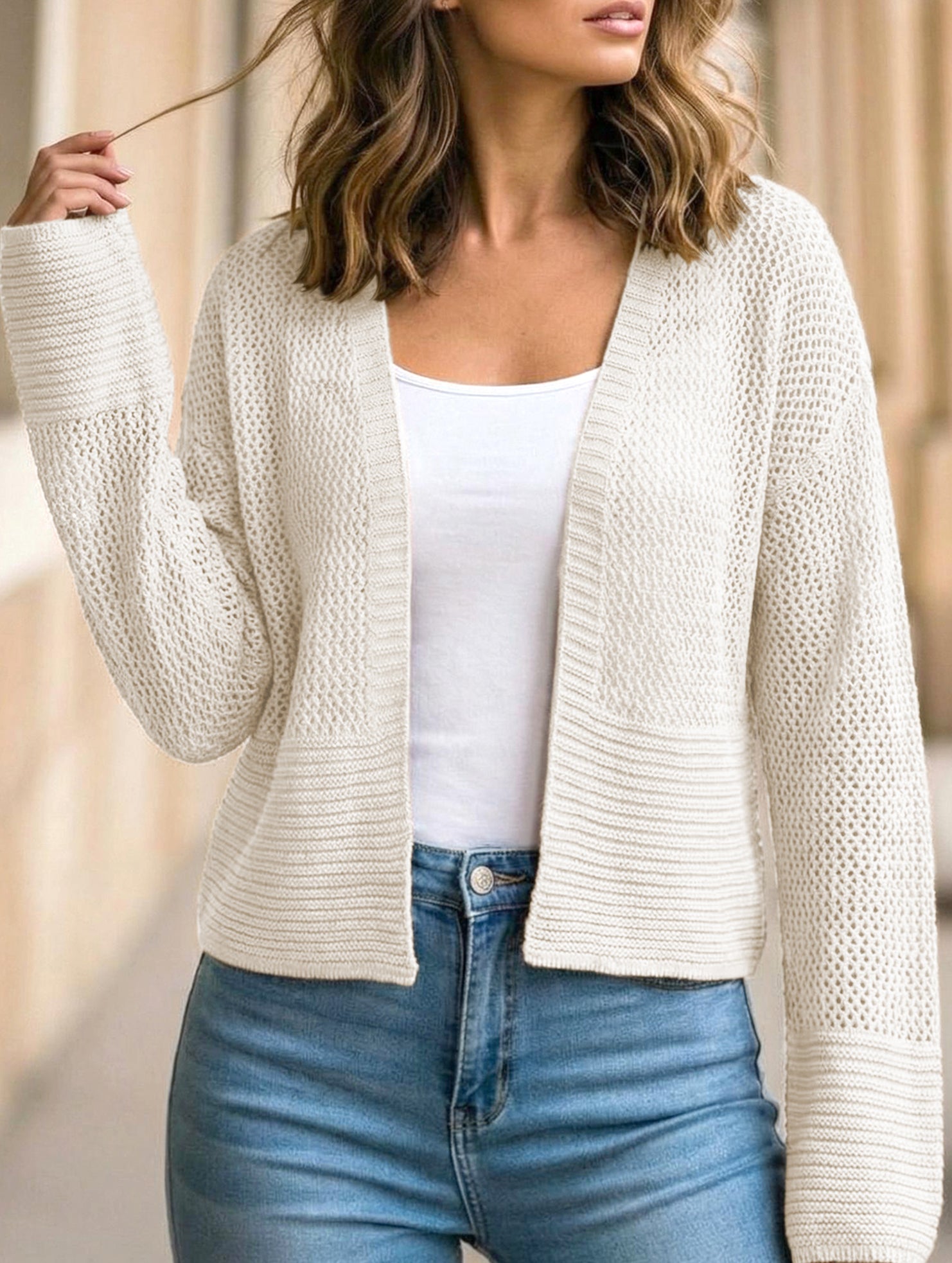 Hollow Knit Long Sleeve Cardigan Top