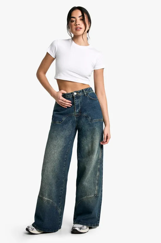 Blue Seam Detail Wide Leg Jeans