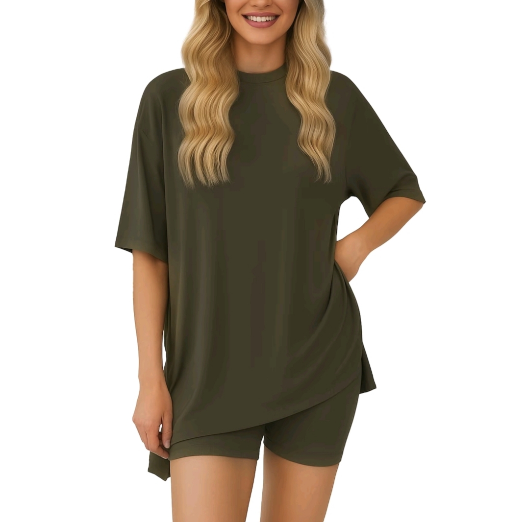 Women's Casual Wear, Summer, 2-Piece Suit, Pajamas, Casual Loose, Short-SleevedShorts, Airport Travel Wear, Hem Slits, HomeWear