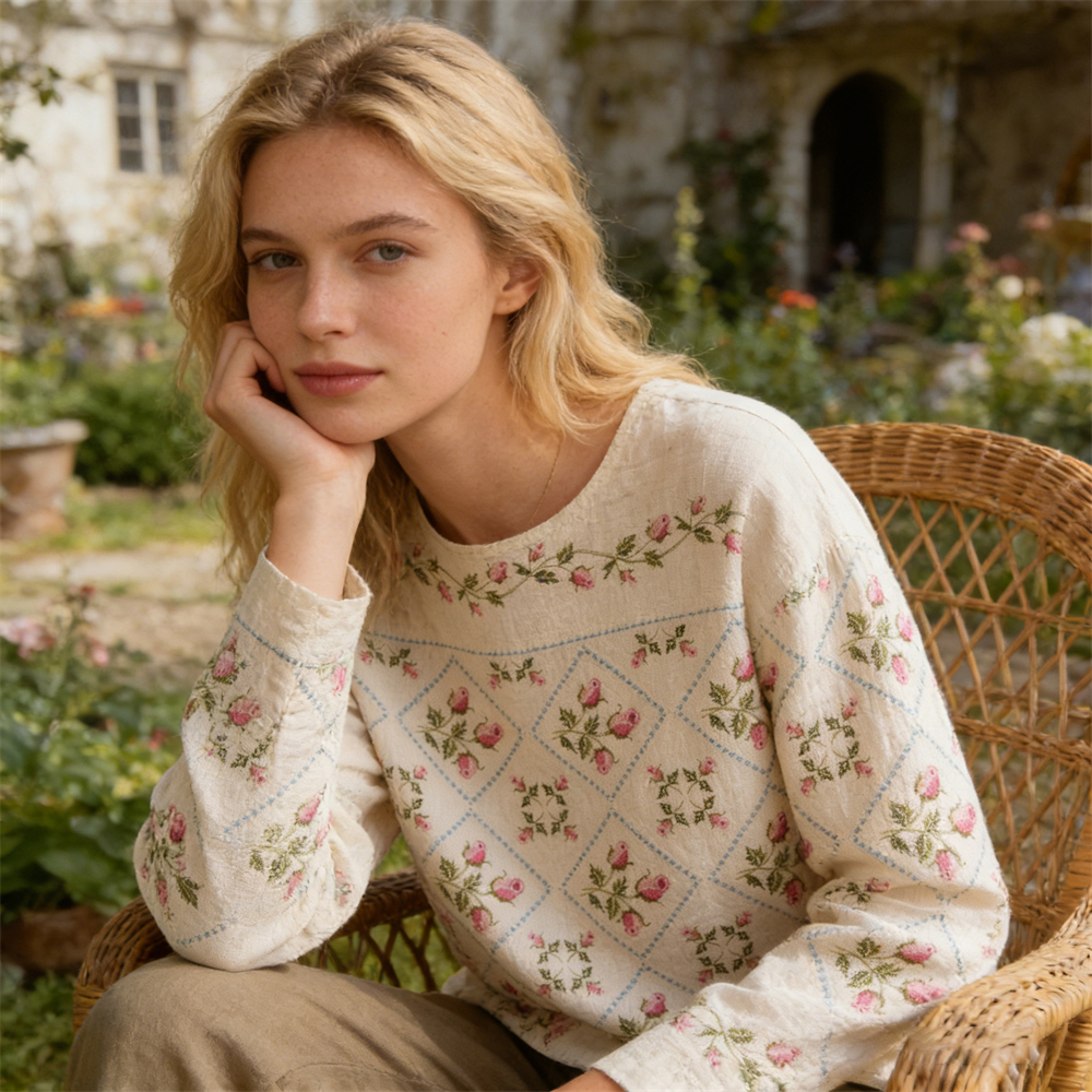 Vintage Rustic Floral Pattern Women's Linen Long Sleeve Shirt