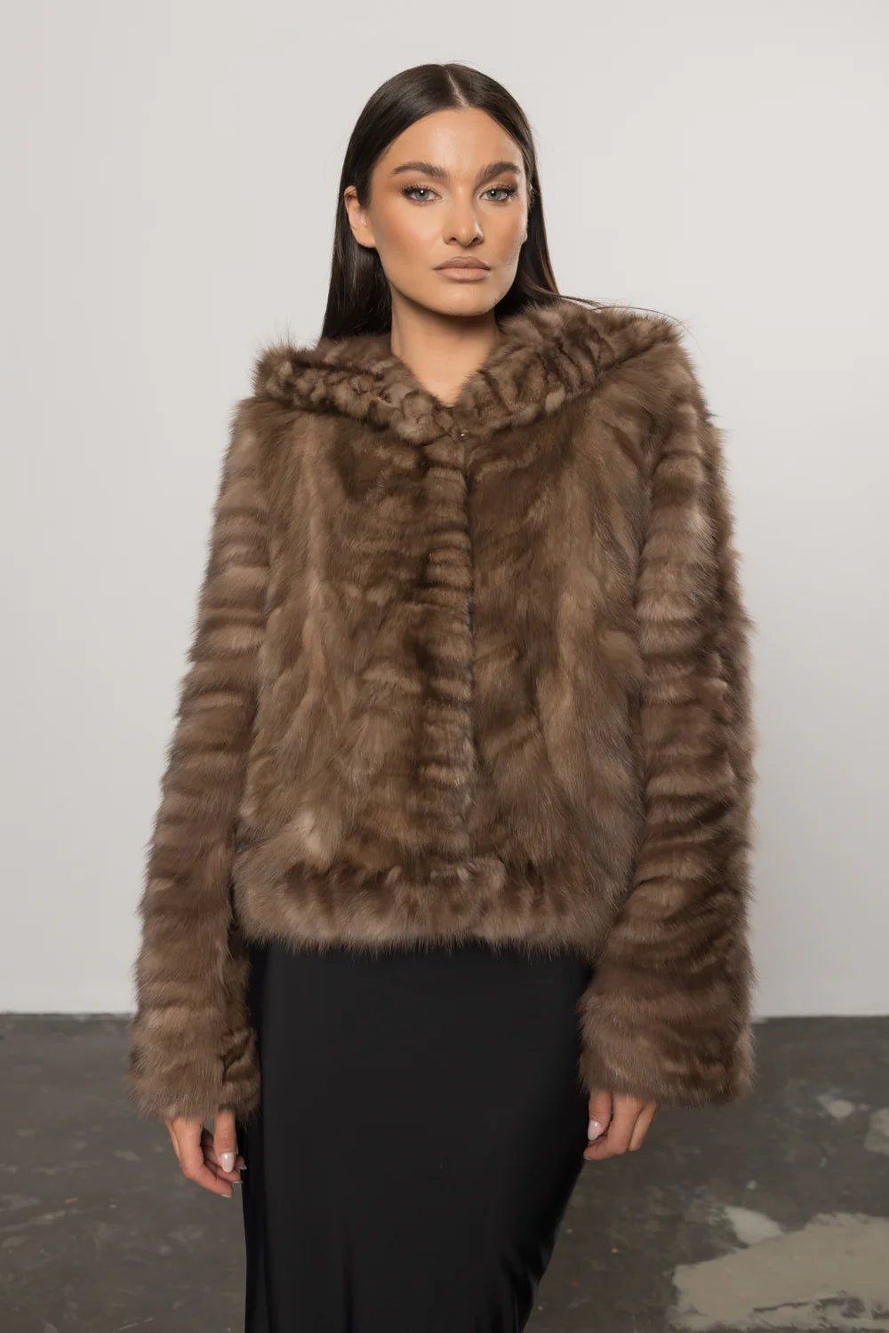 Haină din Blană Naturală de Zibelina, cu Glugă, Femei, Sable Brown 433