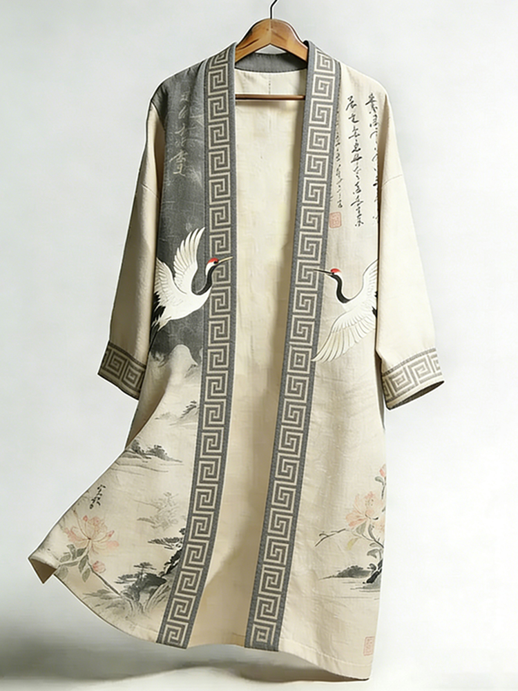 Men's Japanese Retro Calligraphy Crane Art Flowing Kimono
