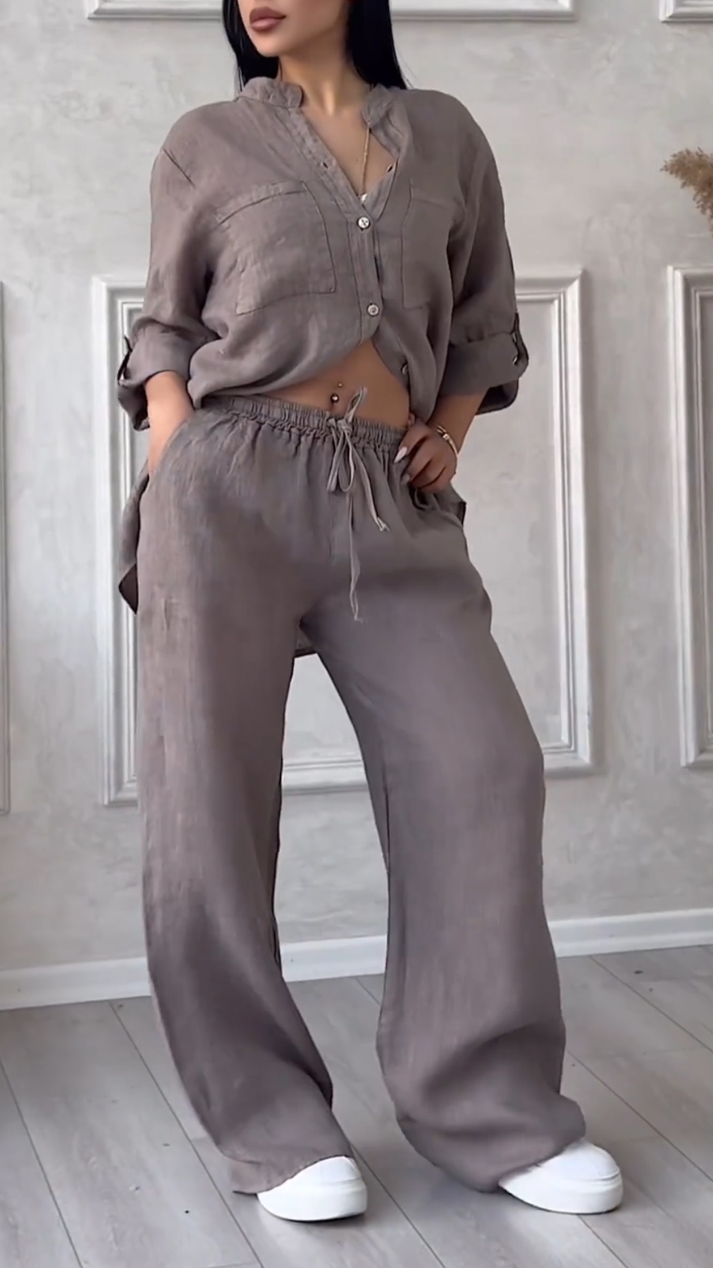 Women's V-neck Cotton and Linen Casual Suit