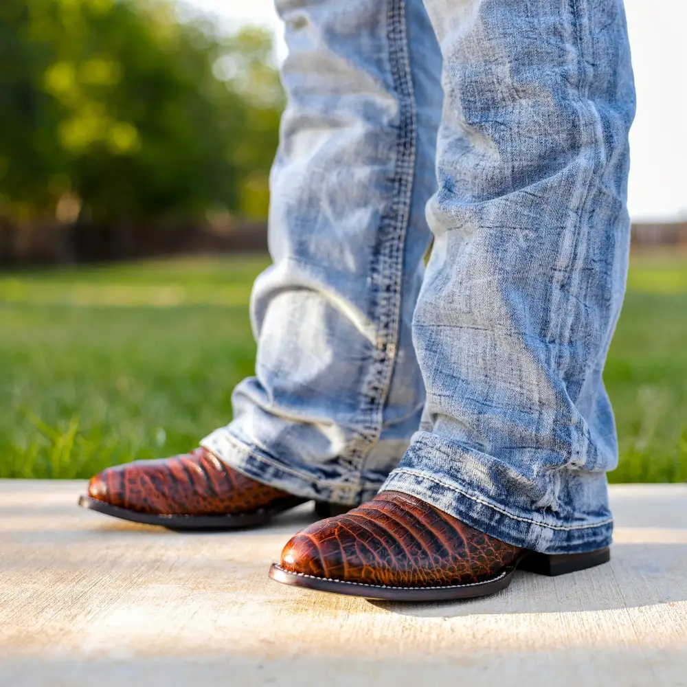 Cognac Caiman Belly Leather Boots - Round Toe