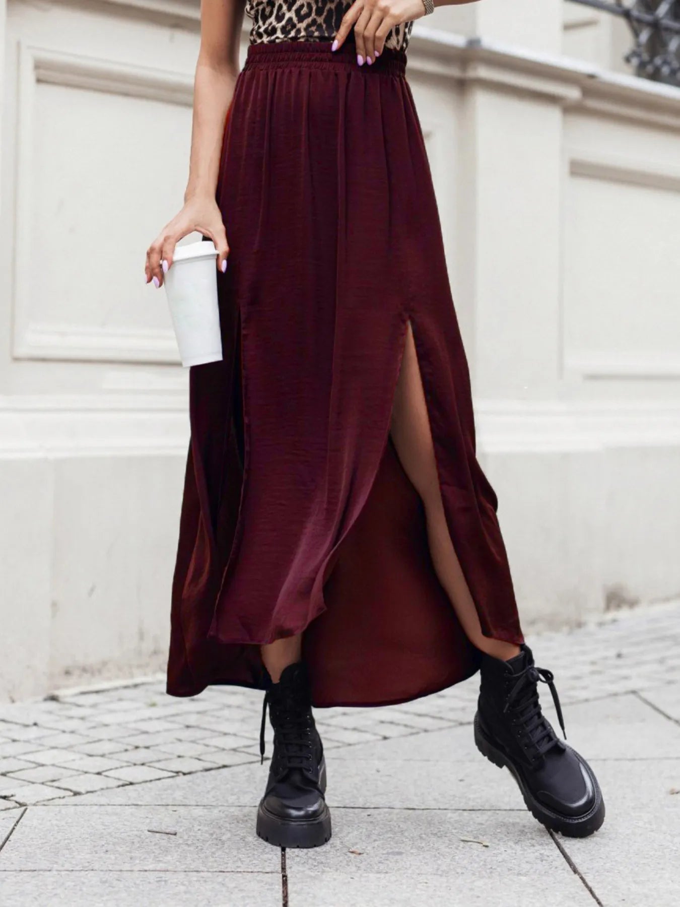 Elastic Waistband High-Slit Maxi Skirt