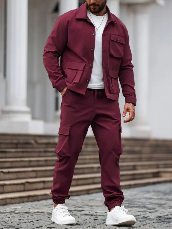 Men's Casual Solid 2-Piece Shirt & Pants Set (Long Sleeve, Spring & Fall)
